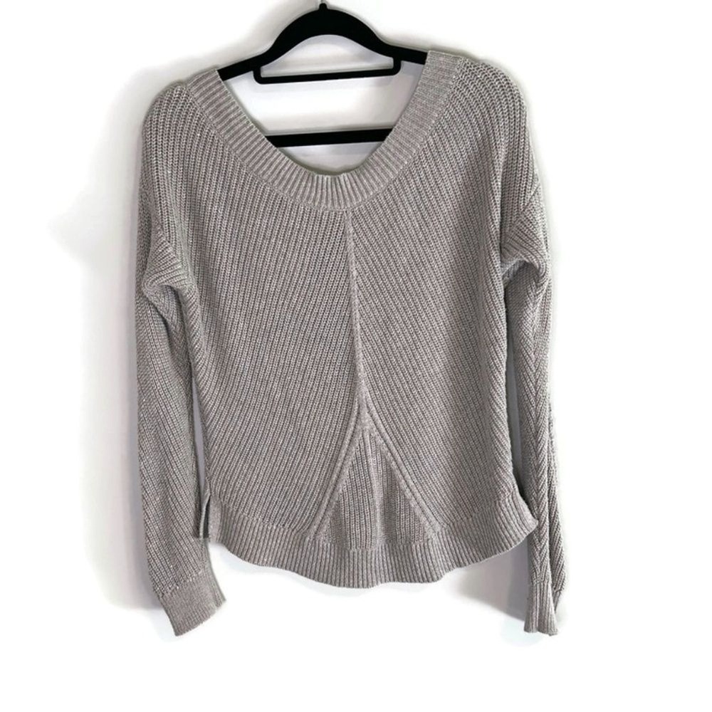 Aerie Womens Taupe Grey Ribbed V-Neck Chunky Knit Pullover Sweater Size S